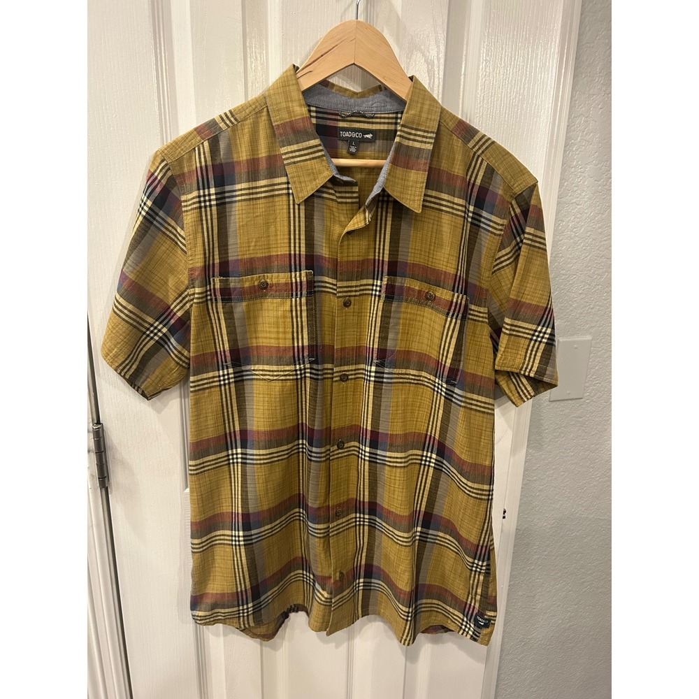 Toad&Co Button‎ Down Shirt Mustard Yellow Plaid Organic Cotton Short Sleeve L
